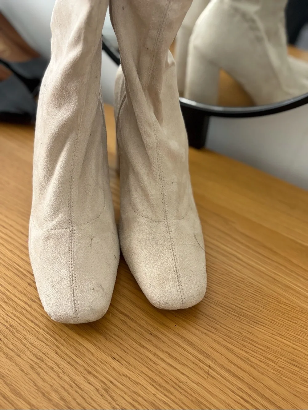 Beige Suede Slouchy Block Heel Boots